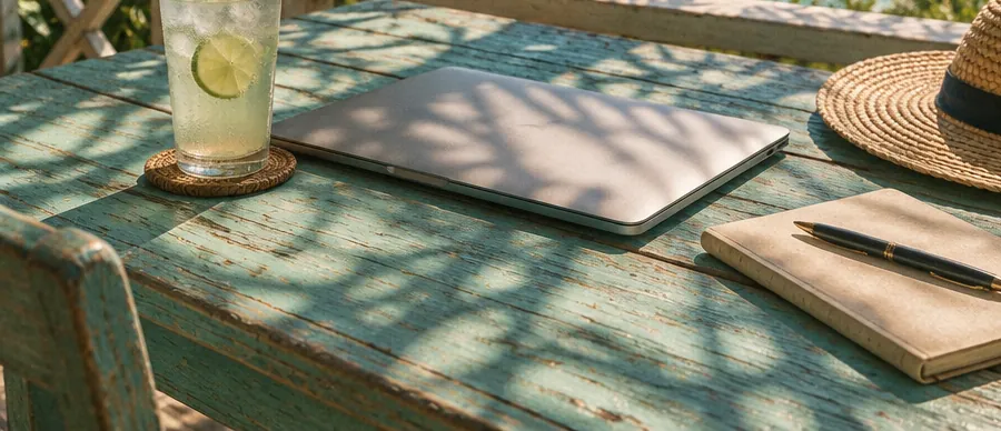 A laptop on a weathered turquoise table