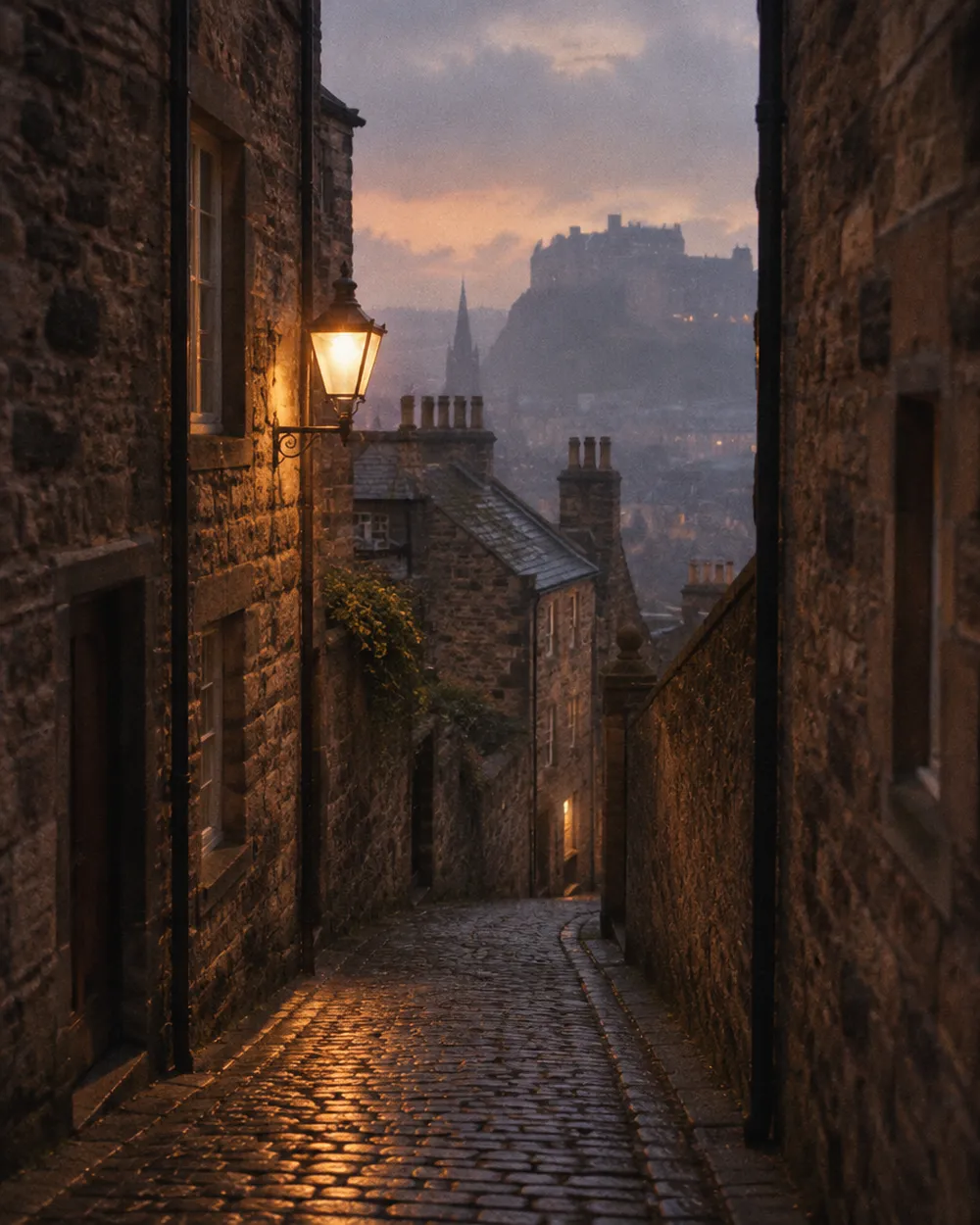 A cobbled close in Edinburgh Old Town at dusk