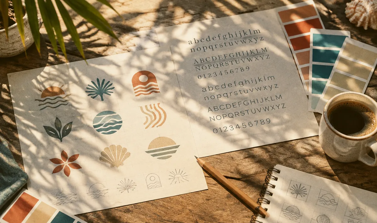 Logo sketches, a type specimen and colour swatches on a desk