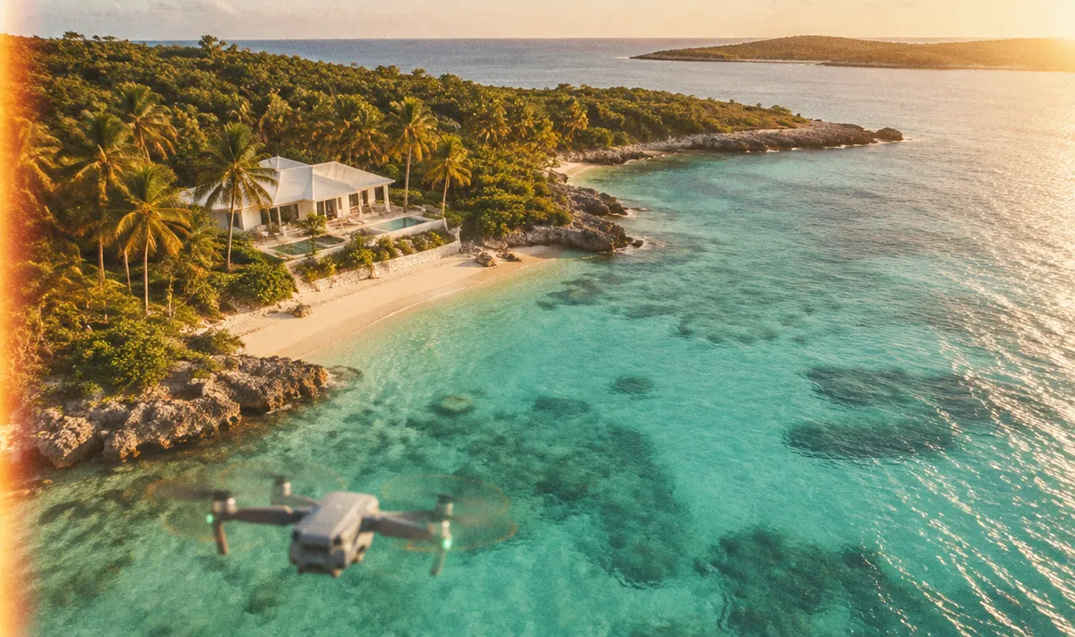 A drone above a turquoise Caribbean bay and a white villa