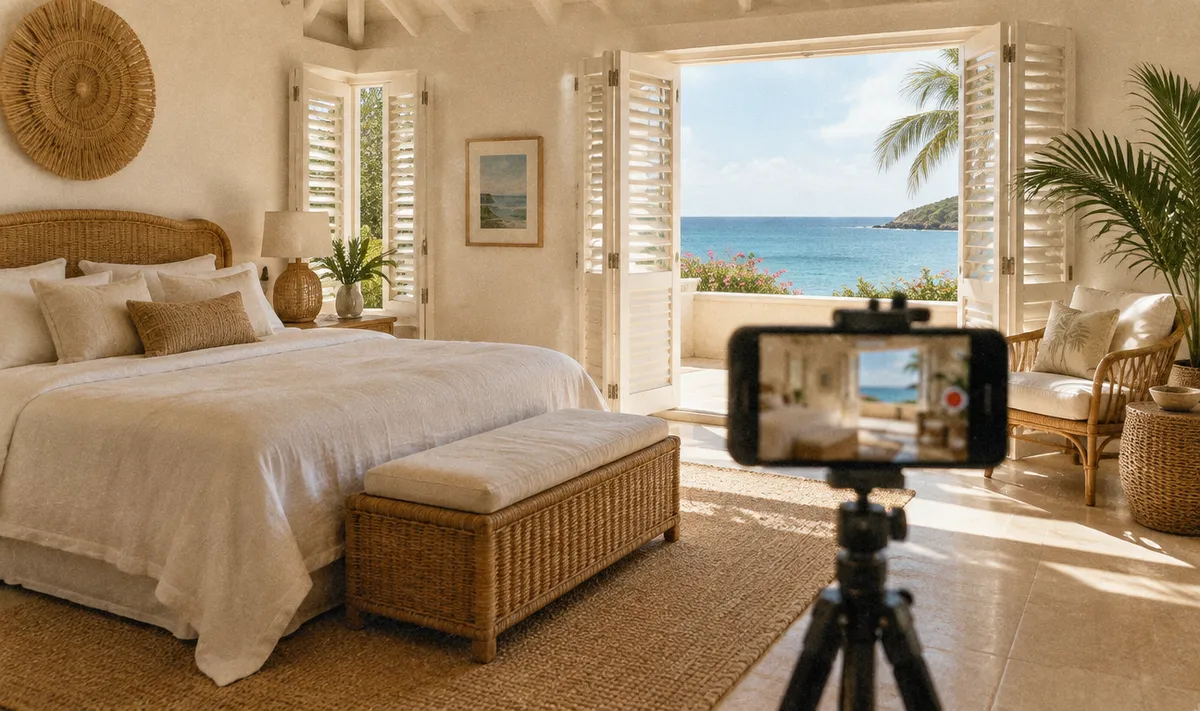 A phone filming a villa bedroom for a rental listing